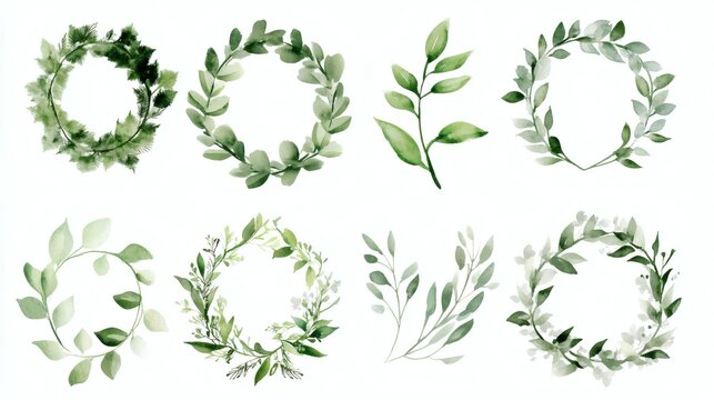 Watercolor botanical wreaths and foliage elements on white background, green leaves, hand-painted style