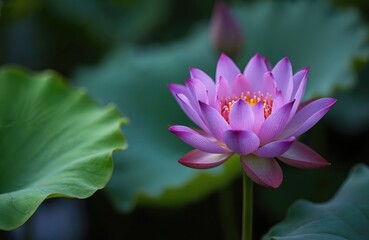 Obraz premium Close up of vibrant purple lotus flower blooming in water garden. Soft green leaves create blurred bokeh background. Serene aquatic plant symbolizes purity and enlightenment.