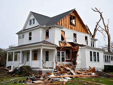 Storm damaged house after tornado disaster showing destruction debris ruined structure severe weather impact residential property insurance concept emergency crisis recovery rebuilding scene