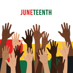 Fototapeta premium Illustration of diverse hands raised in celebration against a vibrant Juneteenth flag background with red, yellow, green, and black colors.