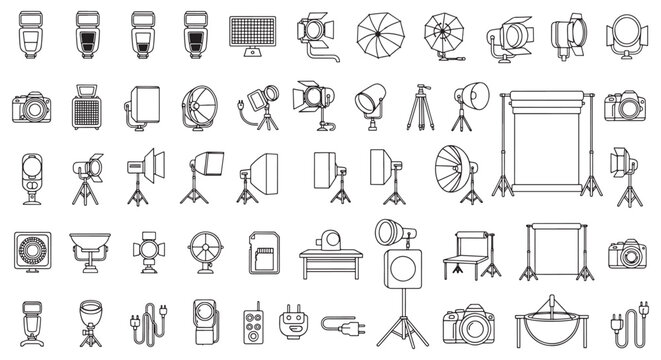 Photography Studio Equipment Outline Icons Camera Flash Light Backdrop Vector Set