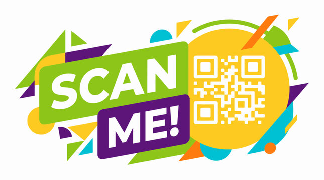 Colorful dynamic vector graphic featuring SCAN ME text and white QR code on vibrant geometric background, concept for digital marketing, mobile payment and business information access