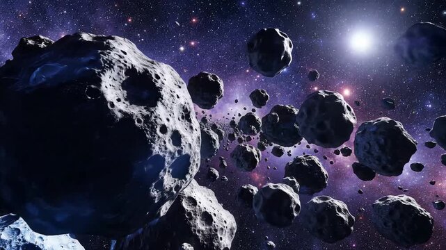 Cinematic space scene featuring a dense asteroid field drifting through deep cosmos with glowing nebula clouds and distant bright stars in the