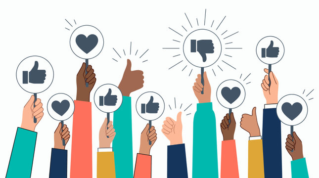 Diverse hands of corporate managers and office employees holding signs with like heart and dislike icons, concept for customer feedback survey, reputation management and social media reviews