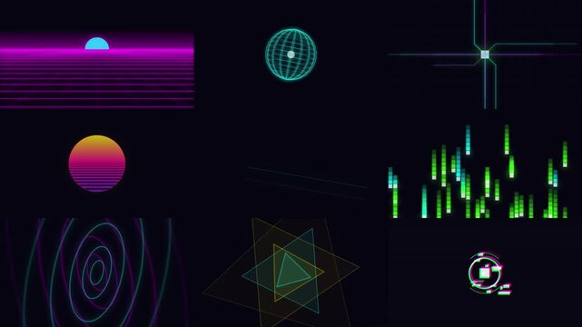 Abstract digital graphics collection featuring retro-futuristic neon synthwave elements and glitch effects for technology design.