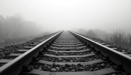 Fototapeta premium Train tracks vanish into dense fog. Railroad line recedes toward horizon on ballast. Misty atmosphere creates perspective and mystery over the landscape.