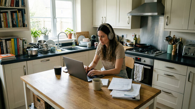 Woman wearing headphones works on laptop at kitchen table with papers and coffee. Remote work and productivity concept. Suitable for business or lifestyle content.