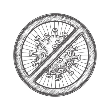Hand drawn prohibition sign with coronavirus particle inside bicycle wheel stop