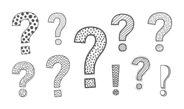Hand drawn question marks and exclamation points with various patterns