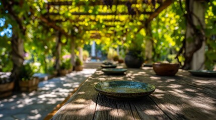 Obraz premium Rustic Outdoor Dining Under Grape Vine Trellis, Surrounded by Nature's Tranquil Embrace