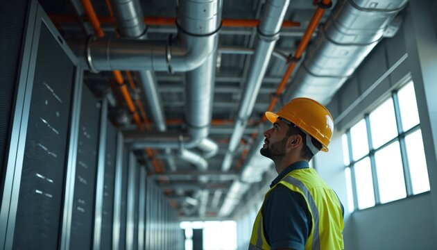 Man in yellow hard hat and safety vest inspects pipes and server racks in a data center room. He checks complex ventilation and cooling systems.