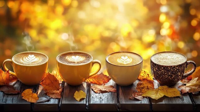 Four warm coffee cups on a wooden table with autumn leaves featuring latte art in a cozy natural light with fall colors
