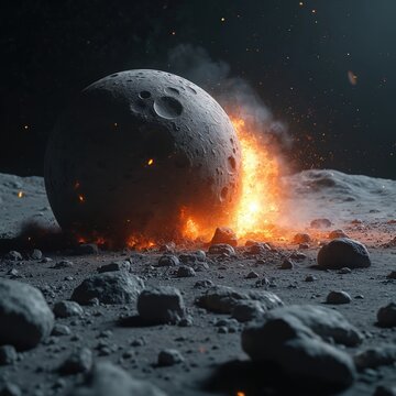 Moon surface erupts with fiery explosion and debris after cosmic impact. Space rock crashes, causing devastation and intense heat. Asteroid hits lunar terrain in dramatic event.