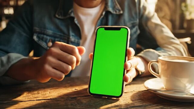 A person is holding a modern smartphone with a green screen, ready for interaction, while sitting at a wooden table with a cup of coffee