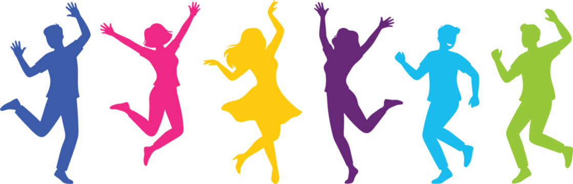 Colorful Silhouette of Dancing People in Different Poses, Joyful and Energetic Dance Movement
