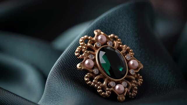 Vintage gold brooch with green gemstone and pearls on dark fabric representing luxury jewelry elegance and classic design