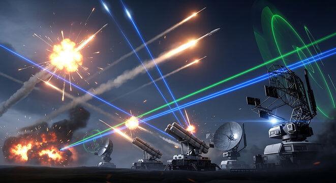 A futuristic military defense system launching missiles and laser beams at night