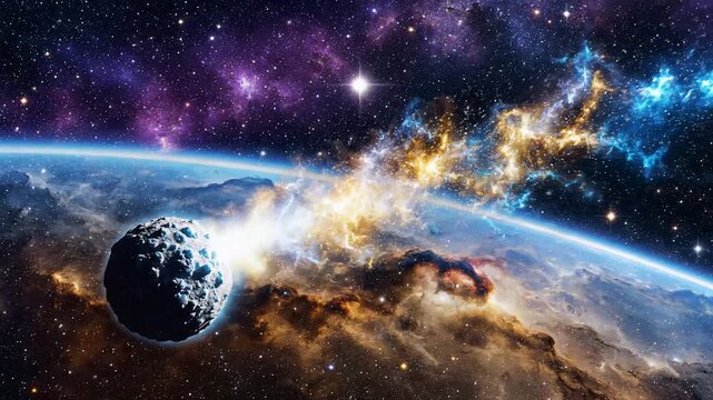 Cinematic space scene featuring a massive asteroid hurtling through deep space with a glowing trail of cosmic energy against a backdrop of vibrant