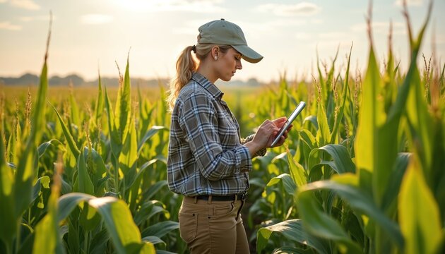 Woman in cap checks tablet computer in cornfield. Female farmer uses mobile device for crop analysis. Rural worker researches plant growth and health in green farm land.