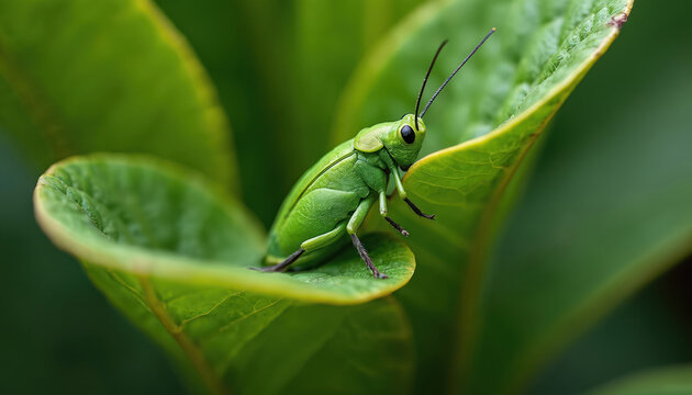 Green grasshopper rests on vibrant green leaf, body perfectly camouflaged. Small insect found in rich foliage, blending seamlessly with natural habitat. Macro shot intricate details of body, legs.
