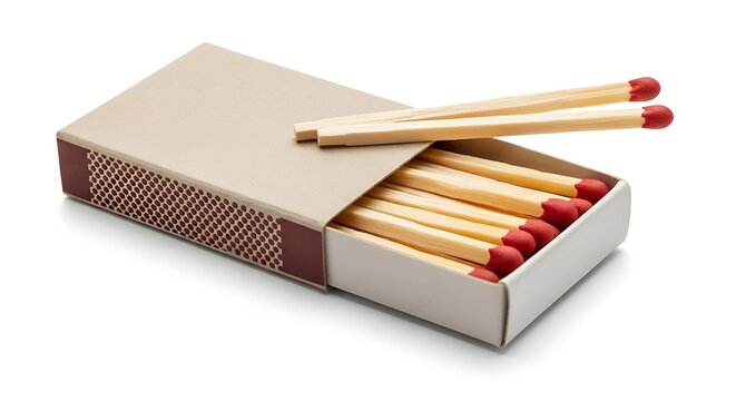 Close up of a matchbox with several matches on a white background