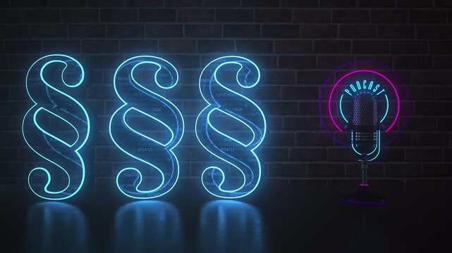 Podcast Mic with Paragraph Symbols and Digital Data Background. 4k video ProRes 4444.