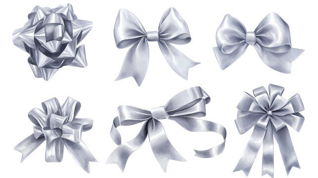 Silver satin ribbon bows and rosette set on transparent background; six elegant decorative bow variations in metallic sheen.
