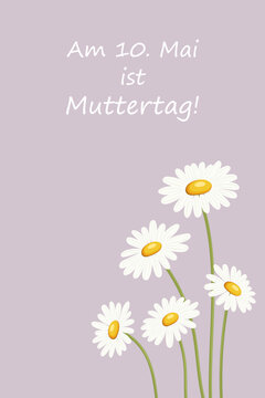 Am 10. Mai ist Muttertag - Schriftzug in deutscher Sprache. Rosafarbene Vektorgrafik mit G&auml;nsebl&uuml;mchen.