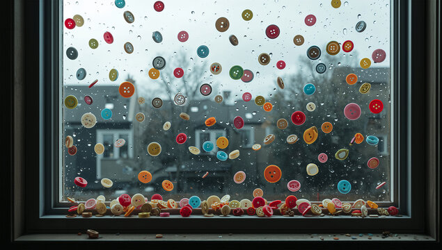 窓の外に色とりどりのボタンが雨のように降る幻想的な室内風景