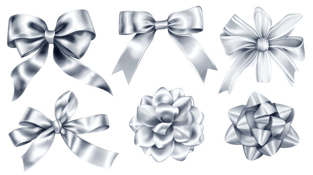 Silver satin ribbon bows and rosette set on transparent background; six elegant decorative bow variations in metallic sheen.