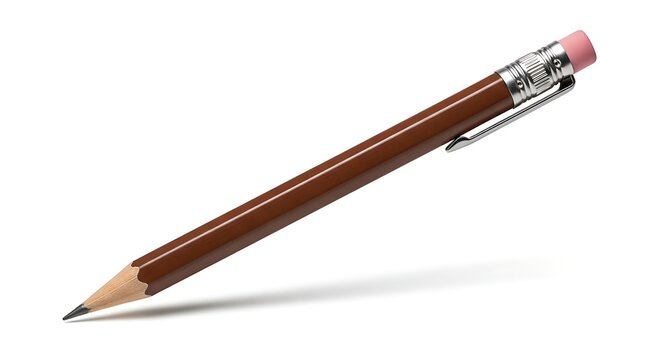 Close up of a wooden pencil with an eraser and metal clip on a white backdrop