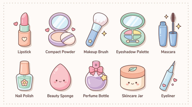 Cute cartoon beauty and makeup products set with kawaii style illustrations.