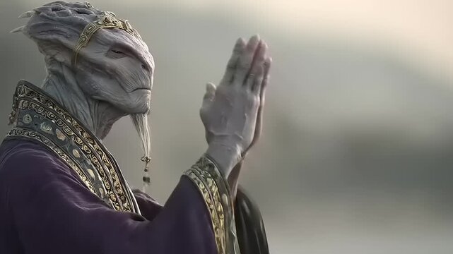 Contemplative extraterrestrial elder wearing ornamental regalia in quiet supplication against a faded atmosphere