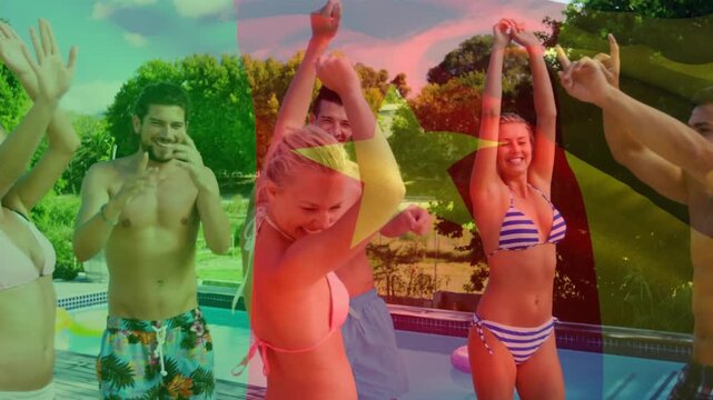 Animation of flag of over happy caucasian friends having fun at swimming pool