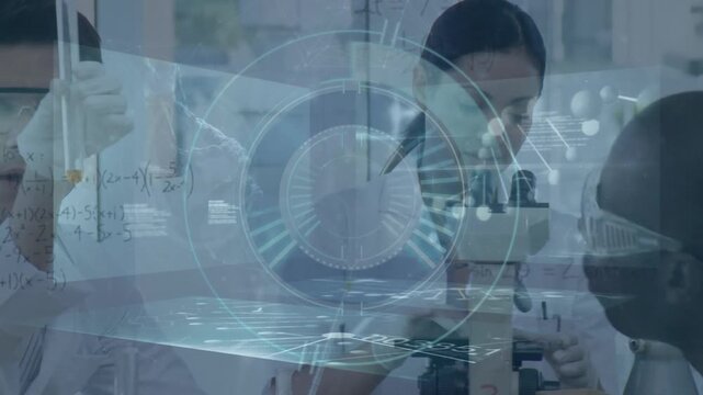 Animation of dna, data processing and scope over diverse scientists in laboratory