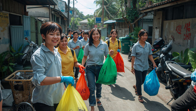 熱帯の街で色分け袋を手に清掃する東南アジアの20代男女たち