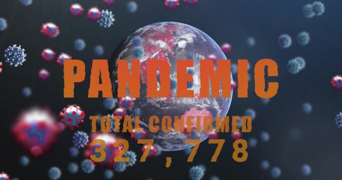 Animation of virus cells and pandemic total confirmed over globe and navy background