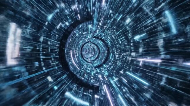 Abstract digital tunnel with glowing blue and purple light streaks, representing fast data transfer and futuristic technology