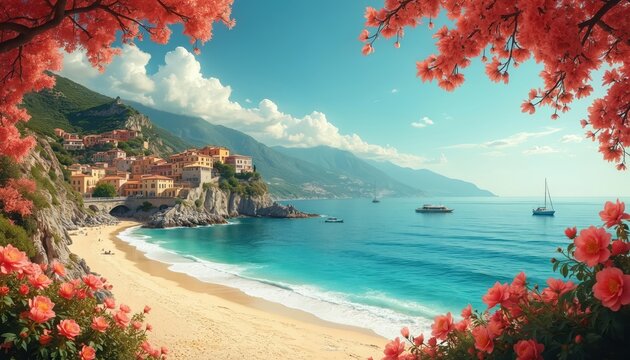Italian coastal town with colorful houses on cliff overlooking sandy beach and blue sea. Rich coral trees frame view of boats on water and green mountains.