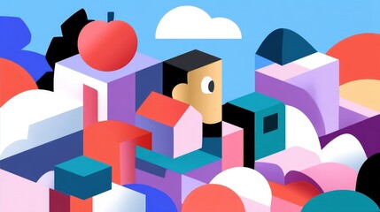 Fototapeta premium Colorful Abstract Illustration of a Person Surrounded by Shapes and Clouds