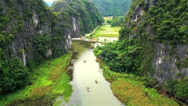 Stunning aerial footage of boats sailing along the Ngo Dong river in Tam Coc, a famous tourist destination in the Ninh Binh province of Vietnam