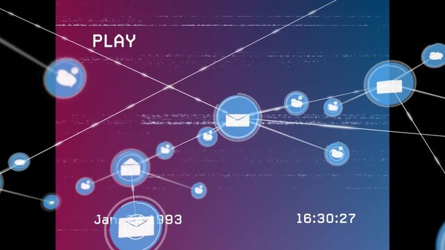 Animation of network of connections with icons over interference on purple background