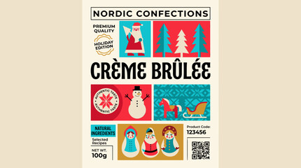 Fototapeta premium Nordic Confections Holiday Edition packaging label for creme brulee with various festive designs