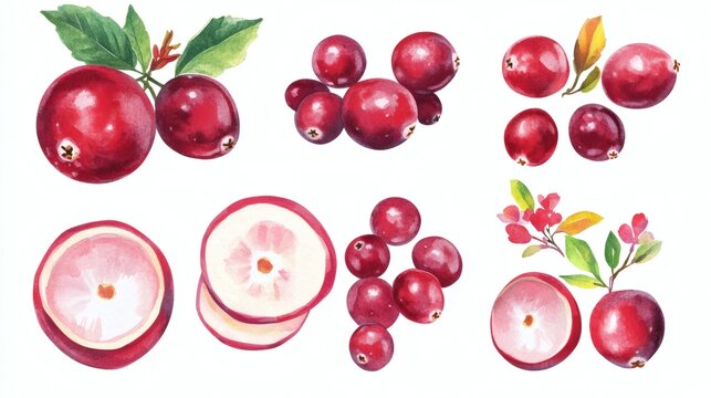Watercolor illustrations of whole and sliced cranberries with leaves and blossoms on white background