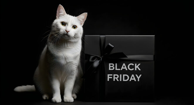 White cat beside black friday shopping box