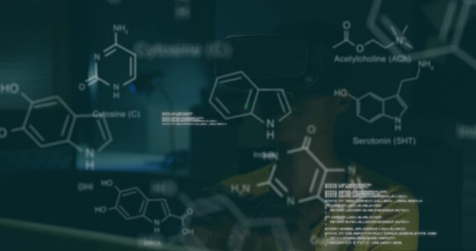 Animation of chemical structures and data processing over african american woman wearing vr headset