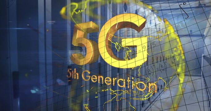 Animation of 5g text, yellow globe and maths calculations over computer server room