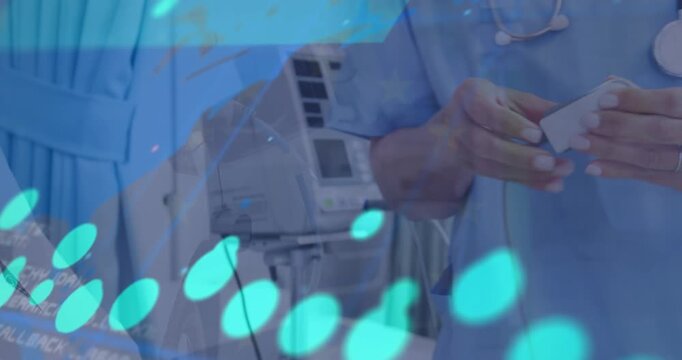 Animation of data processing over mid section of health worker checking blood pressure of patient