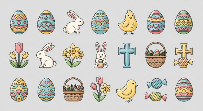 Easter themed icons including eggs bunnies chicks flowers candy and crosses on gray background