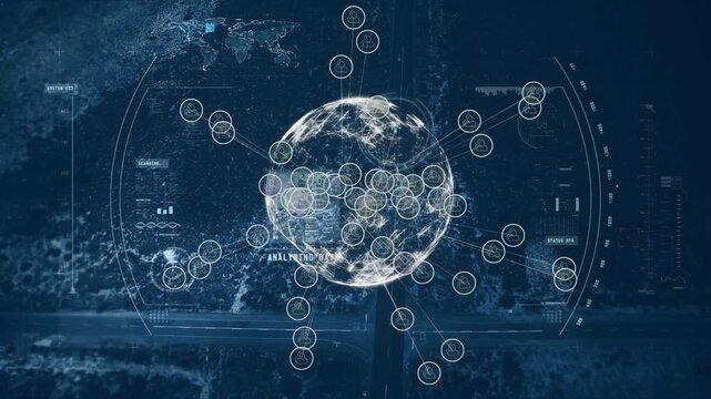 Animation of light trails over spinning globe against scope scanning over aerial view of cityscape